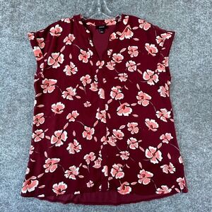 Alfani Blouse Womens L Maroon Floral Split V-Neck Short Sleeve Everyday Comfort